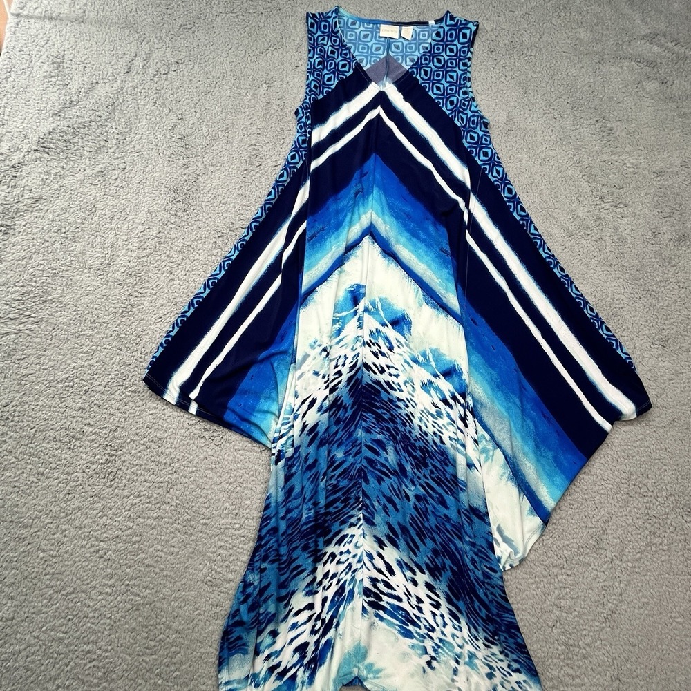 Chicos Watercolor Chevron Modern Midi Dress Size M/8 Chicos Sz 1 Blue Boho Chic